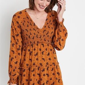 Maurices Mustard Floral Smocked V-Neck Blouse